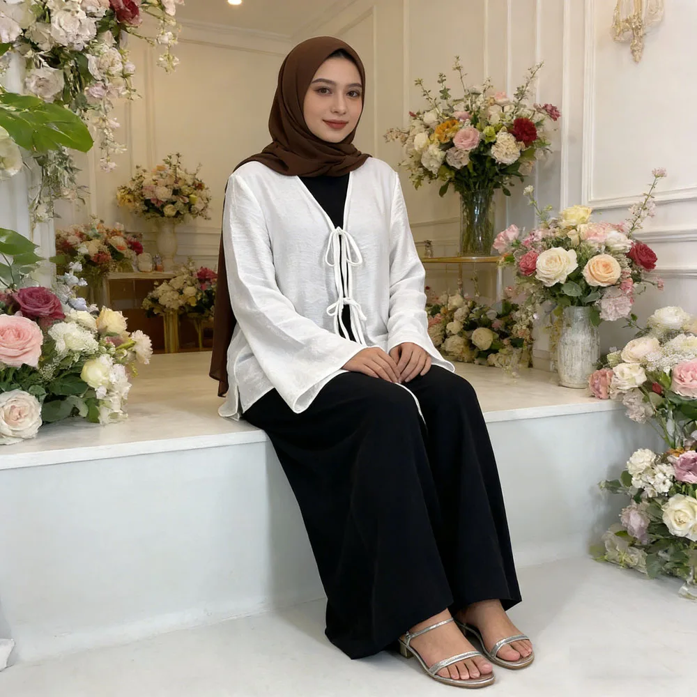 

Женская повседневная блузка с длинным рукавом и бантом, кружевная рубашка-абайя, дубайский кафтан, исламская одежда, кимоно, наряд для женщин на Ид Рамадан