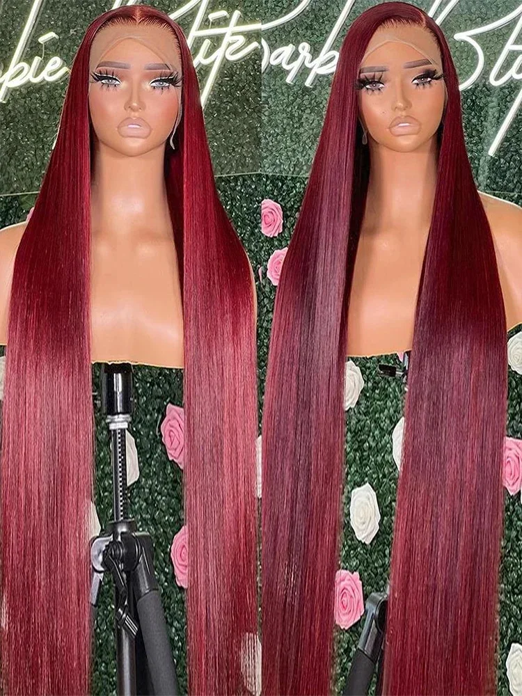 

38 inch Burgundy 13x6 HD Lace Front Human Hair Wigs Red Colored 99j Straight 13x4 Tranparent Lace Frontal Wig 4x4 Closure Wigs