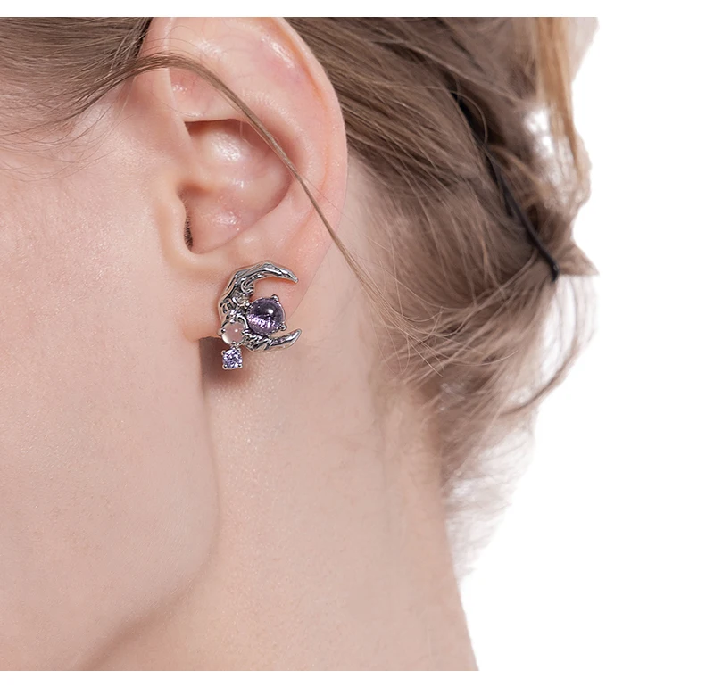 Starry sky purple moon stud earrings high-end niche silver needle earrings