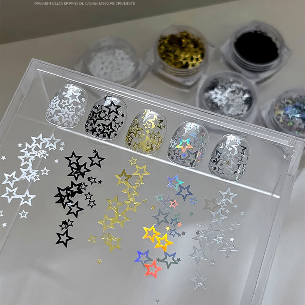 5-Flaschen-Set, ultradünne Nagel-Pailletten, Laser-Hohlsternchen, bunte, ausgehöhlte Nageldekorationen für Zuhause, DIY-Maniküre, Glitzer-Dekor – Detail 2
