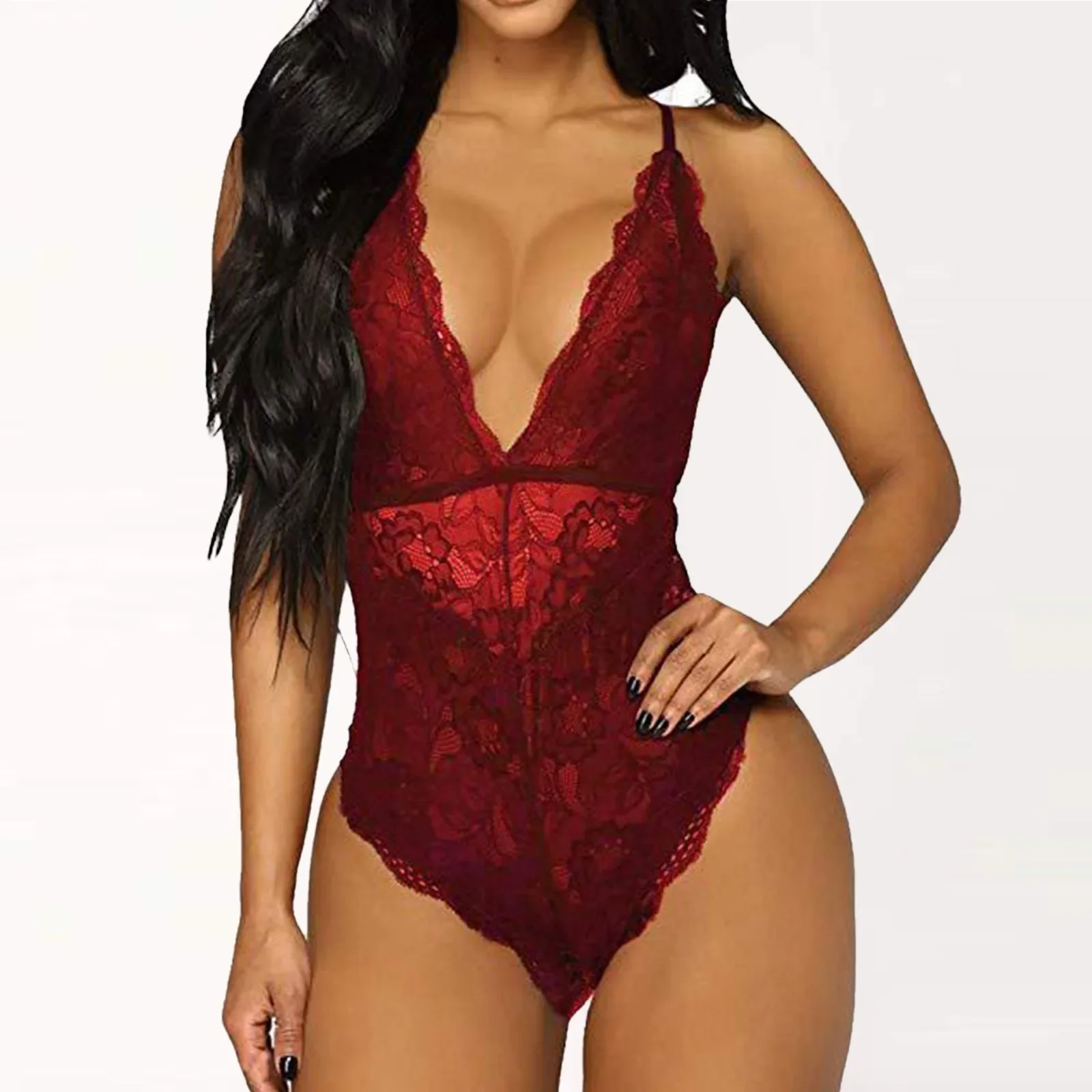 

Sexy Lingerie Women Lace High Cut Deep V Neck Bodysuit Erotic Perspective One Piece Jumpsuit Open Bra Babydolls Plus Size