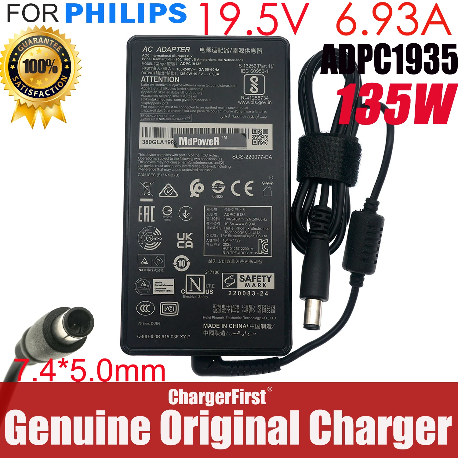 Genuine ADPC19135 19.5V 6.93A 135W AC Adapter For Philips 346E2CUAE 346E2LAE 346E2C AOC AG276QZD2 AG276QSD 5.5x2.5mm 7.4x5.0mm