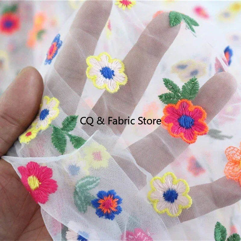1meter 130cm White Translucent Soft Cotton Colors Embroidery Small Flower Mesh Lace Fabric Diy Fashion Costume Dress Fabric