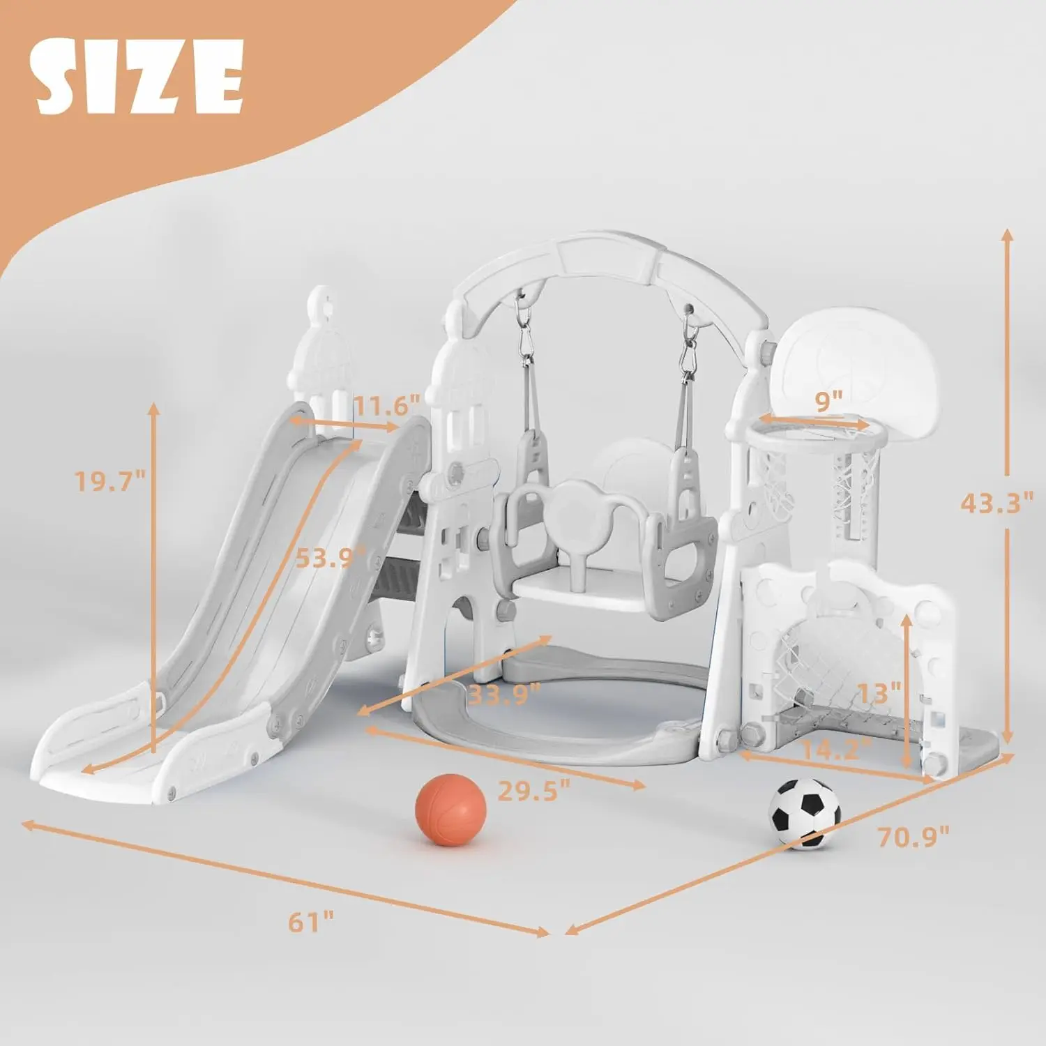 Ensemble de balançoire et toboggan pour tout-petits avec ceinture de sécurité, grimpeur en 3 étapes – Aire de jeux intérieure/extérieure pour enfants de 1 à 3 ans (gris blanc)