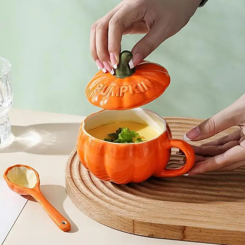 Halloween Pumpkin Shaped Ceramic Cup With Spoon Kawaii Soup Mug With Lid Oatmeal Cup Creative Water Coffee Cup