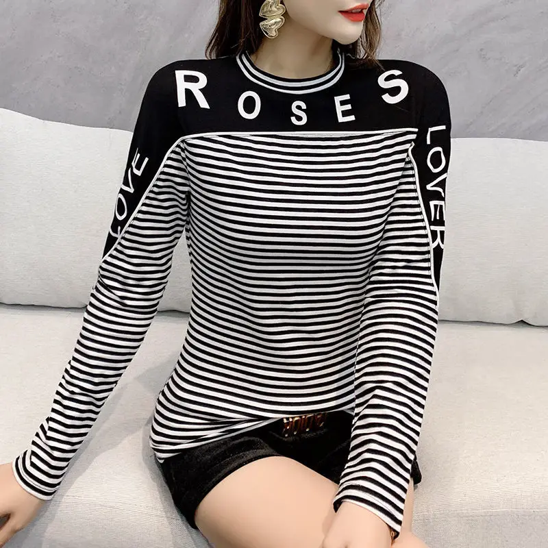 Jiebao High end Stripe Long Sleeve Women's T-Shirt Autumn and Winter 2023 New Western Slim Fashion Versatile