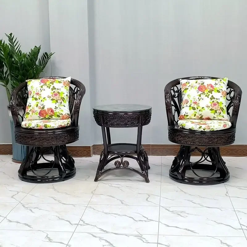 Massivholz-Stuhl mit natürlicher Rattan-Rückenlehne, Möbel, Couchtisch, dreiteiliges Set, drehbarer Freizeitstuhl