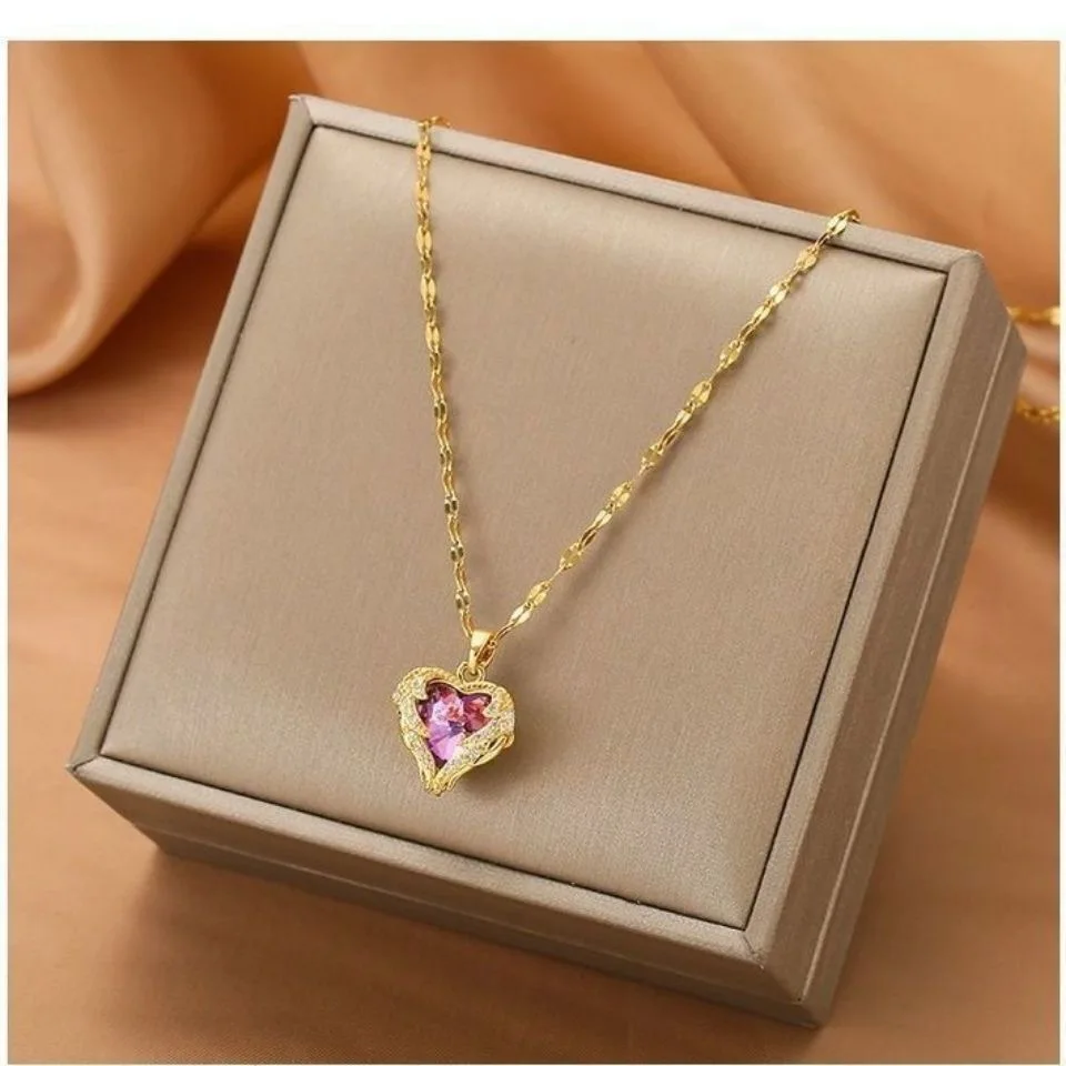 Top Luxury Colorful Crystal Ocean Heart Pendant Necklace For Women Trendy 316L Stainless Steel Jewelry Female Wedding Neck Chain