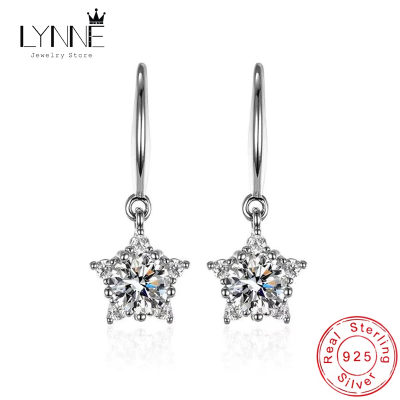 New Fashion 925 Sterling Silver AAA Zircon Star Drop Earrings Women Fine Jewelry Round Crystal Snowflake Pendant Hook Ear Dangle