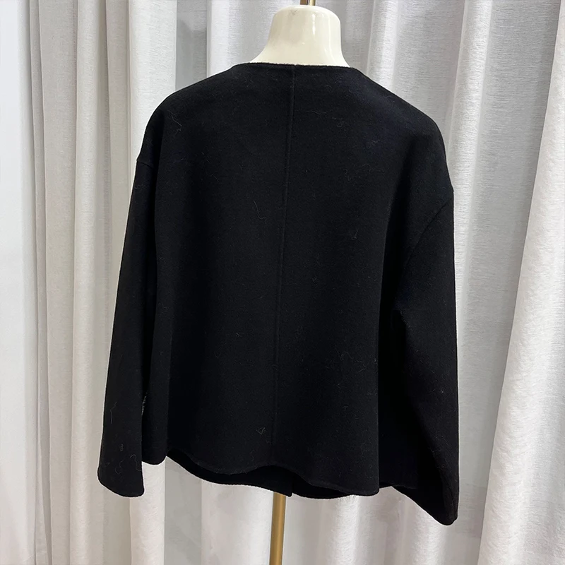 Casaco de lã e caxemira feminino, jaqueta de pele real, gola natural de pele raposa, casacos femininos, casaco feminino, novo, inverno
