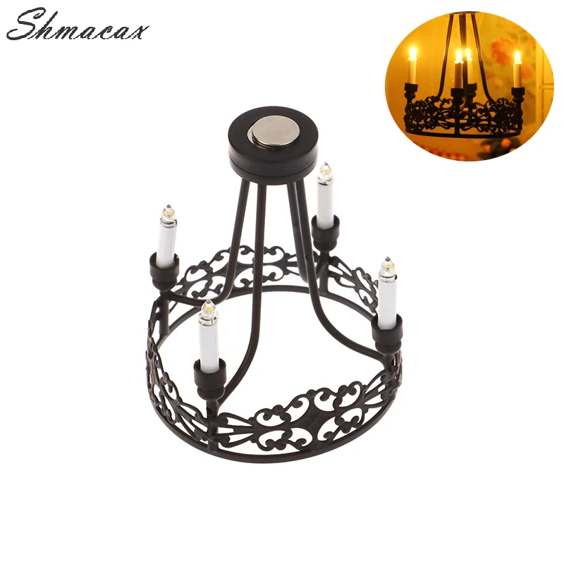 1:12 Dollhouse Miniature LED Light Wall Lamp Black Four-head Round Chandelier Home Lighting Model Furniture Decor Toy