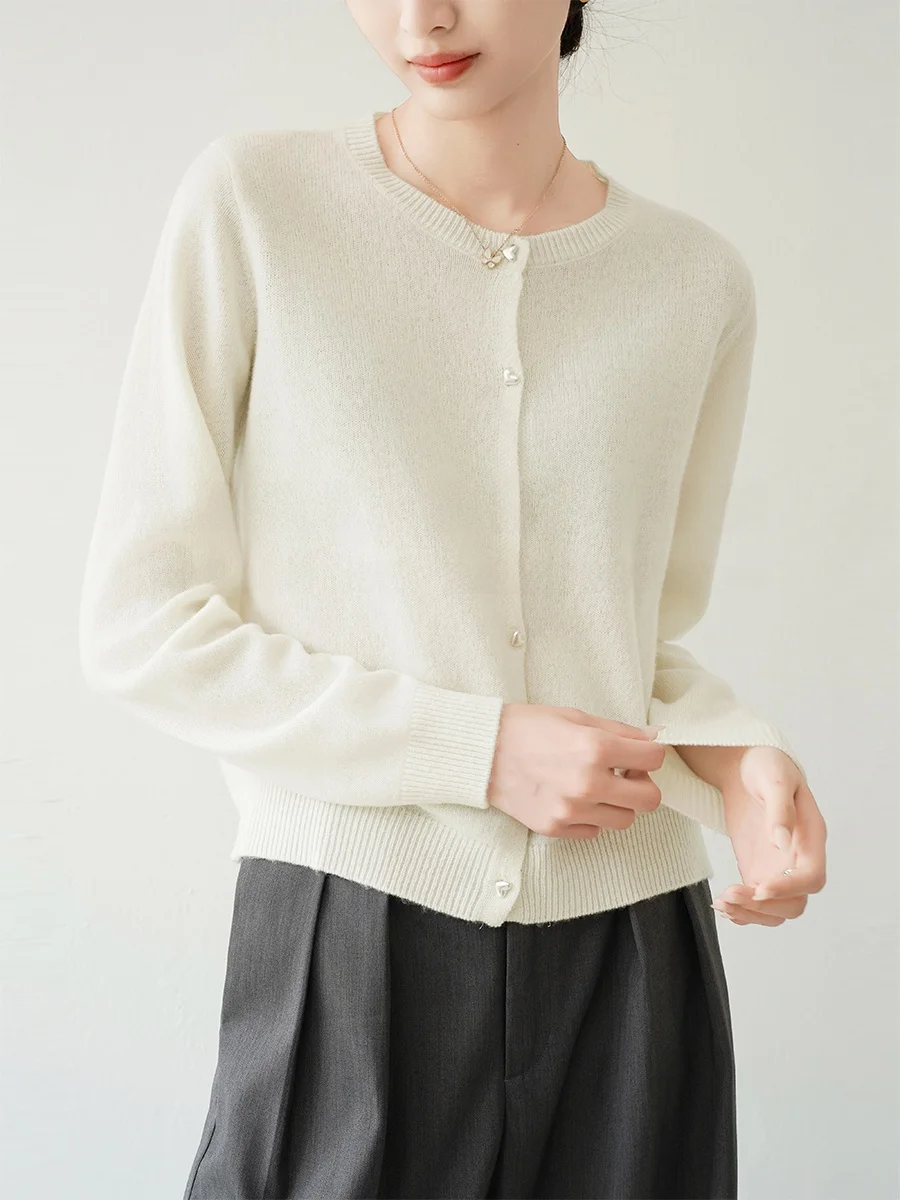 

XALI Women's Soft Touch 00% Wool round Ne Open Cardigan White Inner Wear Base irt Sweater Commute Sle Straight Cut Lon...