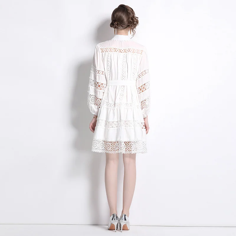 女性用長袖刺embroideryコットンドレス,白,シャツ,ミニ,ショート,オフィス,透かし彫り,品質,夏,秋