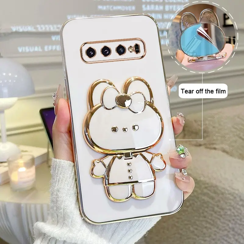 Makeup Mirror Phone Case For Samsung Galaxy S10 Plating Cartoon Rabbit Folding Bracket Phone Protection Case Cover