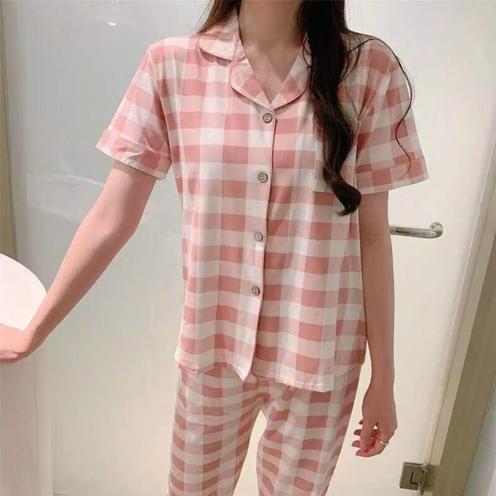 

Fashion Short Sleeve Grid Pajama Suit Slim Fit Women Sleepwear Tops Pants Nightwear V Neck Two Pieces Pajama Sets Summer
