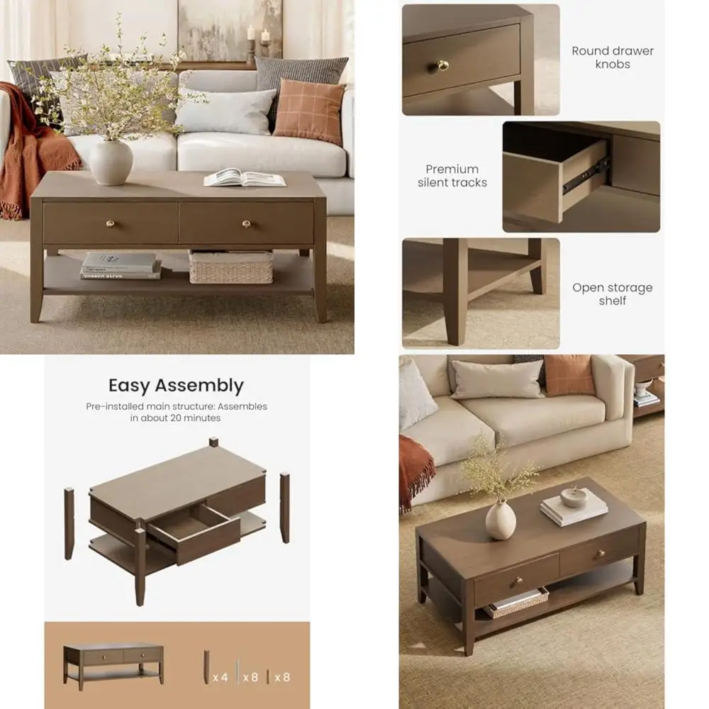 

Прямоугольный журнальный столик из дерева акации с ящиками для хранения и открытой полкой, современный центральный стол для гостиной 42 дюйма