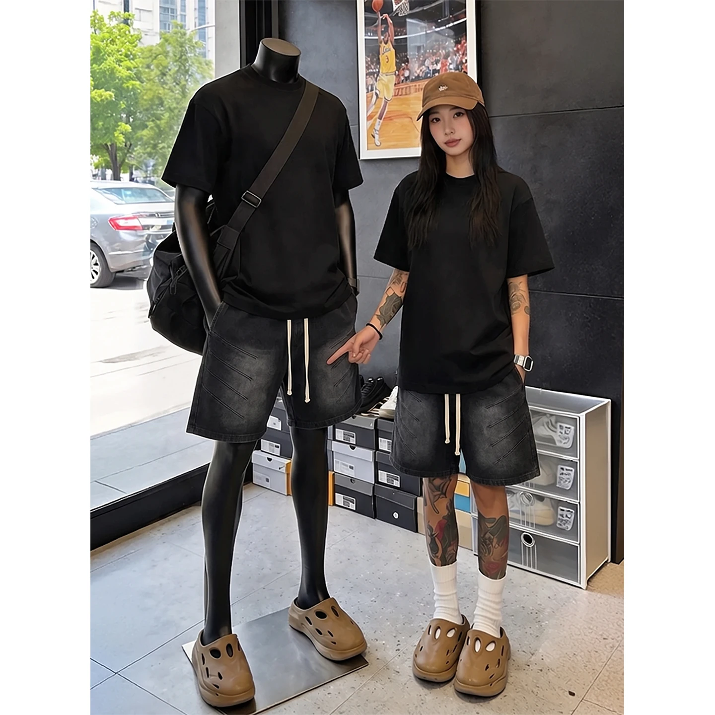 Black Washed Shark Fin Denim Shorts Men's Summer Pleated Patchwork Workwear Loose Straight Leg Five-Quarter Pants