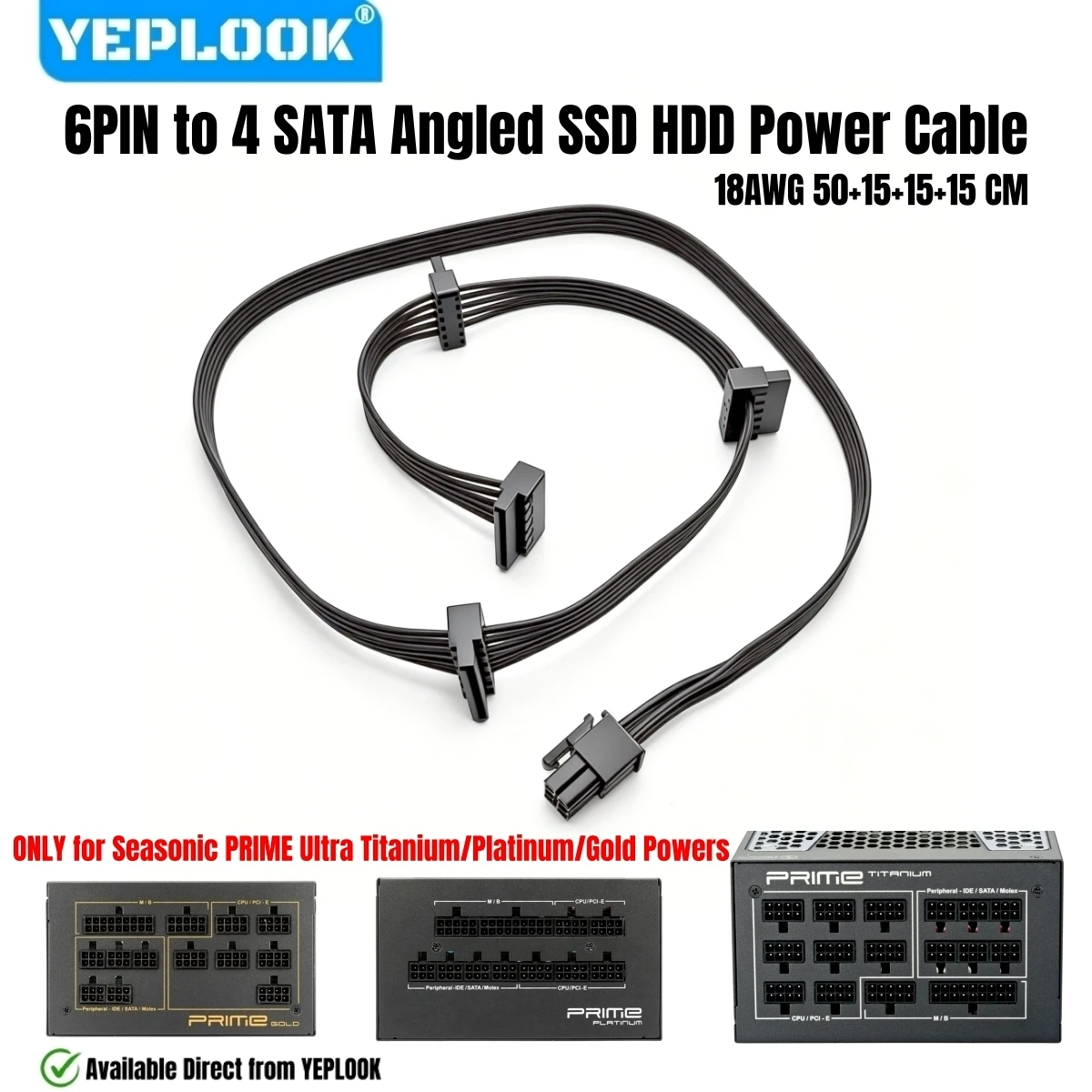 4x SATA Angled HDD SSD Power Cable for Seasonic PRIME Ultra 1300W, 1000W, 850W, 750W, 650W, 550W Titanium/Platinum/Gold Modulars