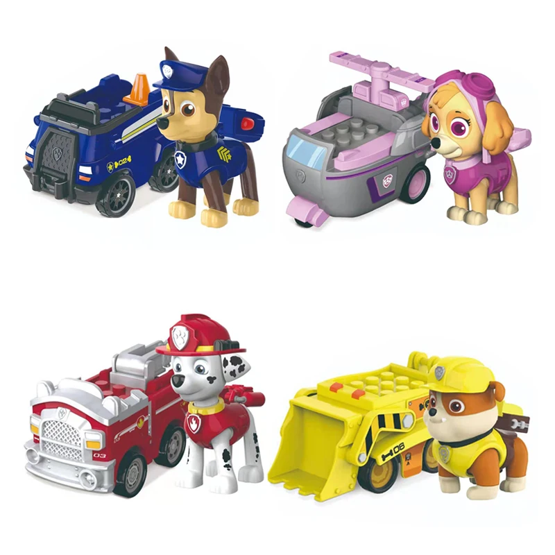 Chaosheng Anime Paw Patrol Building Block Pull-Back Vehicle Chase Skye Marshall Rubble Action Figure Children Toy Birthday Gifts