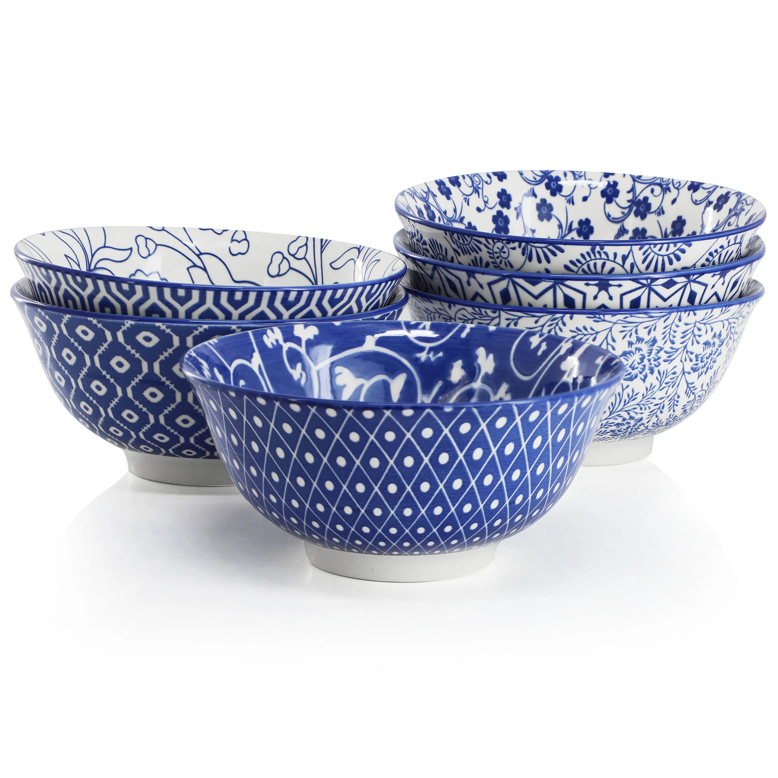 

Moxy 6-piece assorted design 20 oz porcelain footed bowl set in blue