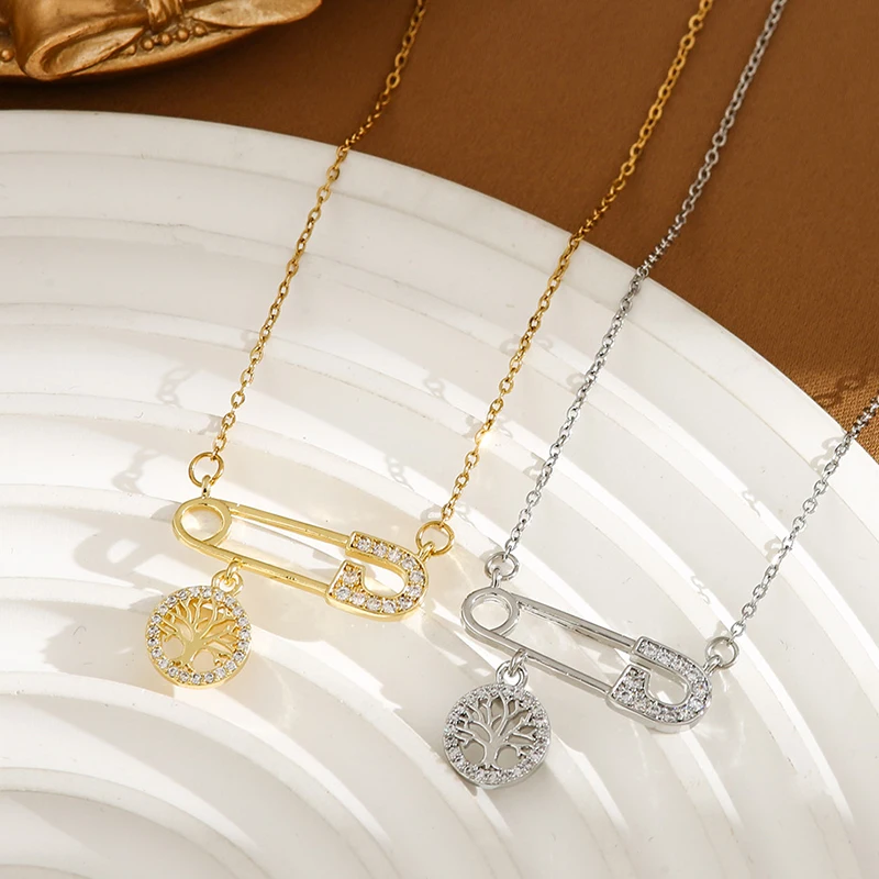 ANENJERY 316L Stainless Steel Sunflower Snowflake Pin Tree Necklace for Women Simple Clavicle chain Jewelry Gifts Wholesale