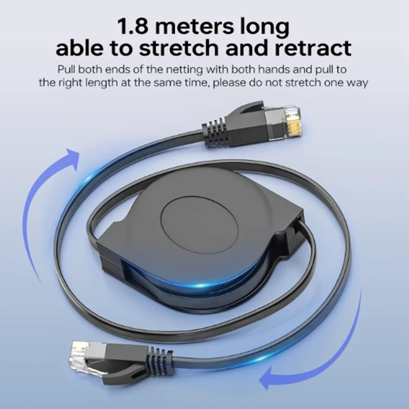 1.8m CAT6 Retractable Ethernet Cable  - High-Speed RJ45 Cable Black Plastic Housing, 10Gbps Network Cable