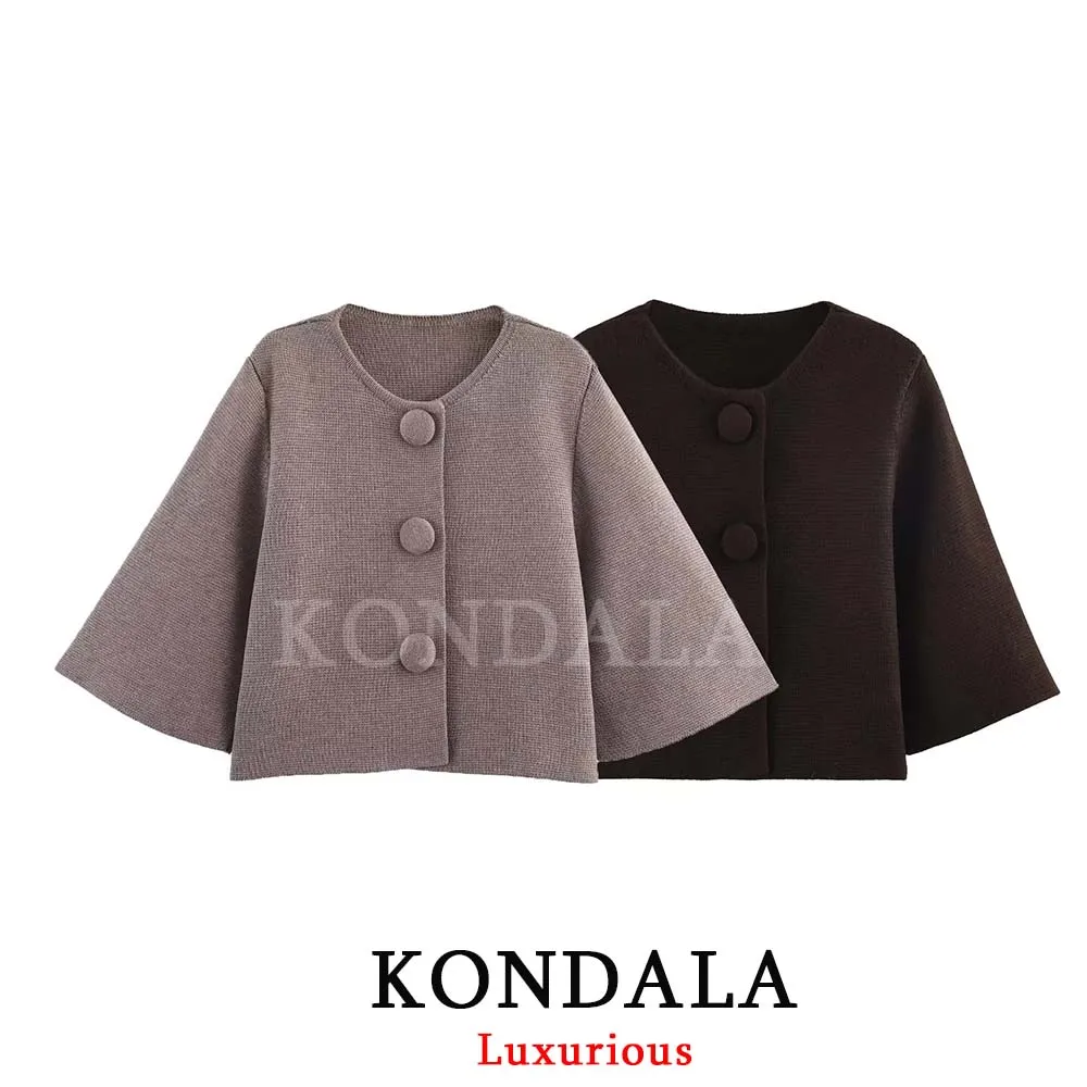 KONDALA 2026 Spring Summer Elegant Knitted Women Tops Fashion Brown Single Breasted New Year Party Solid Ladies Tops