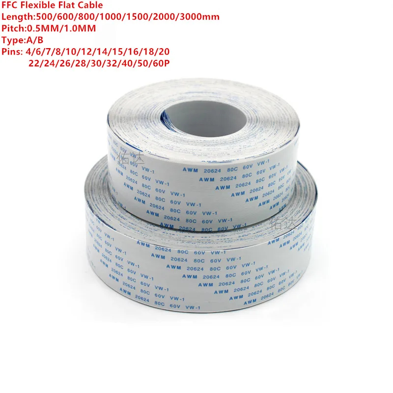 Flexible Flat Cable FPC FFC VW-1 80C 60V AWM 20624 600/800/1500mm A/B Type Ribbon Wire 4P/6/8/.../60Pin for Electronics