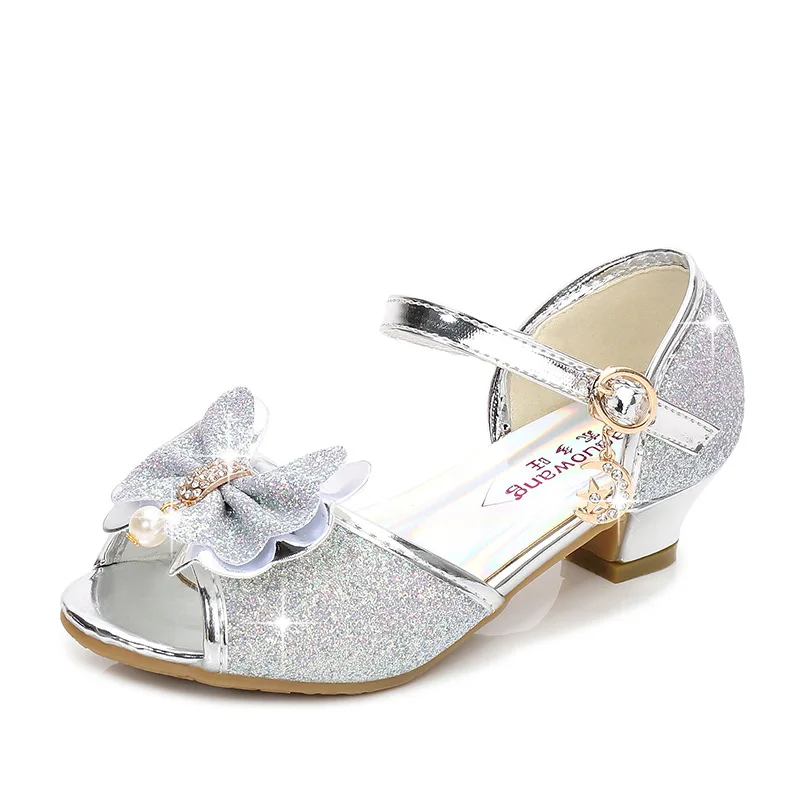 Children\'s Girls Shoes Crystal Bow Shiny High Heels Princess Shoes Hot Sale New Girls Fish Mouth Sandals High Heel Shoes Pink