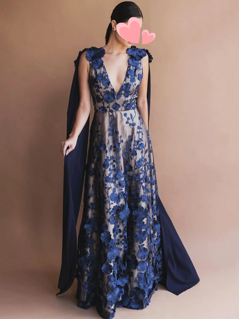 

Oisslec Prom Dress Elegant Vintage Sweet Navy Blue Flowers Lace V-Neck Customized Formal Occasion Prom Dress Evening Party Gowns