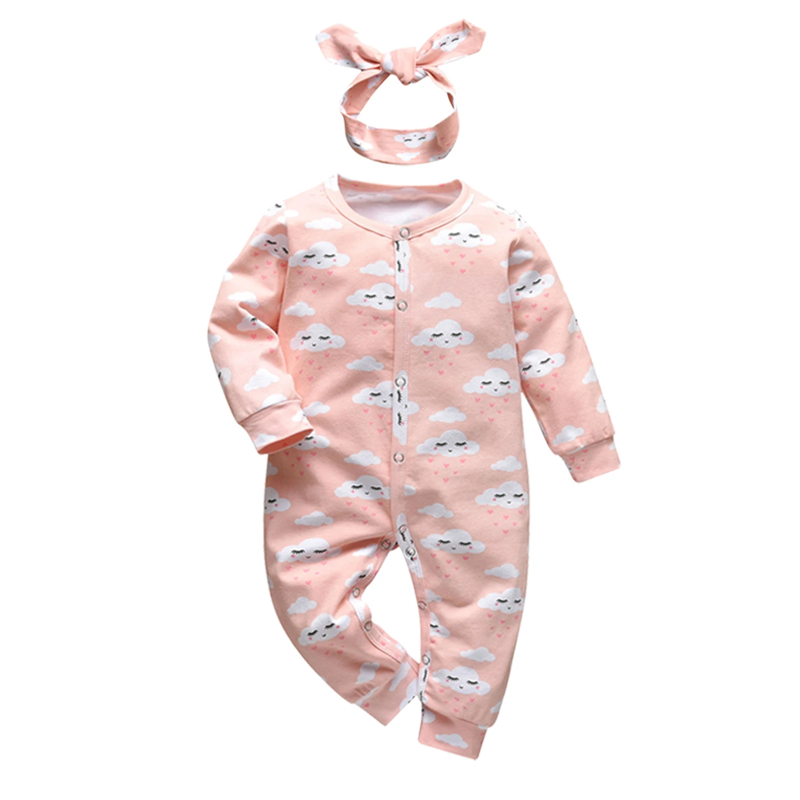 2Pcs Baby Girls Romper Cartoon Rabbit Pattern Cotton Long Sleeve Jumpsuit+Headband Outfits Set Newborn Infant Clothes