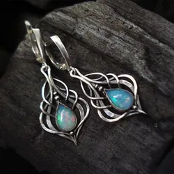 Vintage Oval Opal Decor Dangle Earrings Bohemian Elegant Style Alloy Silver Plated Jewelry Holiday Ear Ornaments