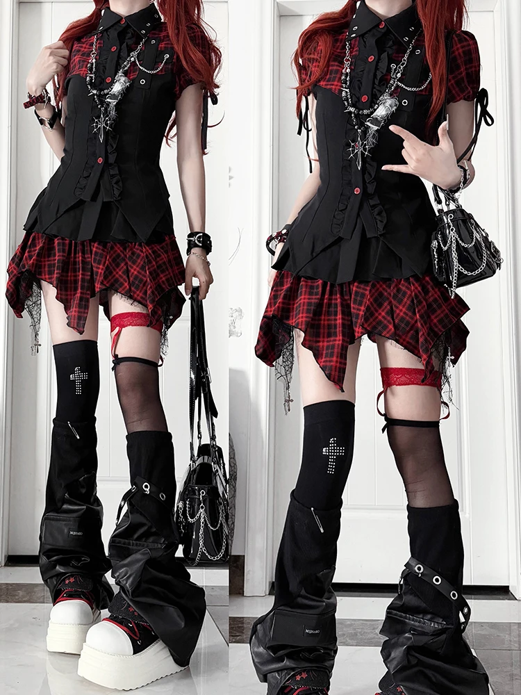 Dark Punk Resonance Japanese Style Half Skirt Set Irregular Patchwork Checkered Print Lightweight Summer Fashion Women's Outfit