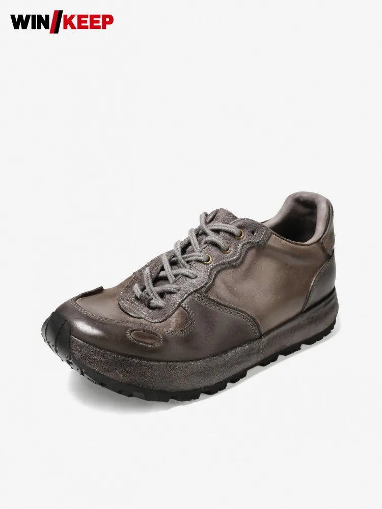 Handmade Genuine Leather Horsehide Sneakers Male High Quality Vintage Running Trainers Lace Up Round Toe Platform Sports Shoes