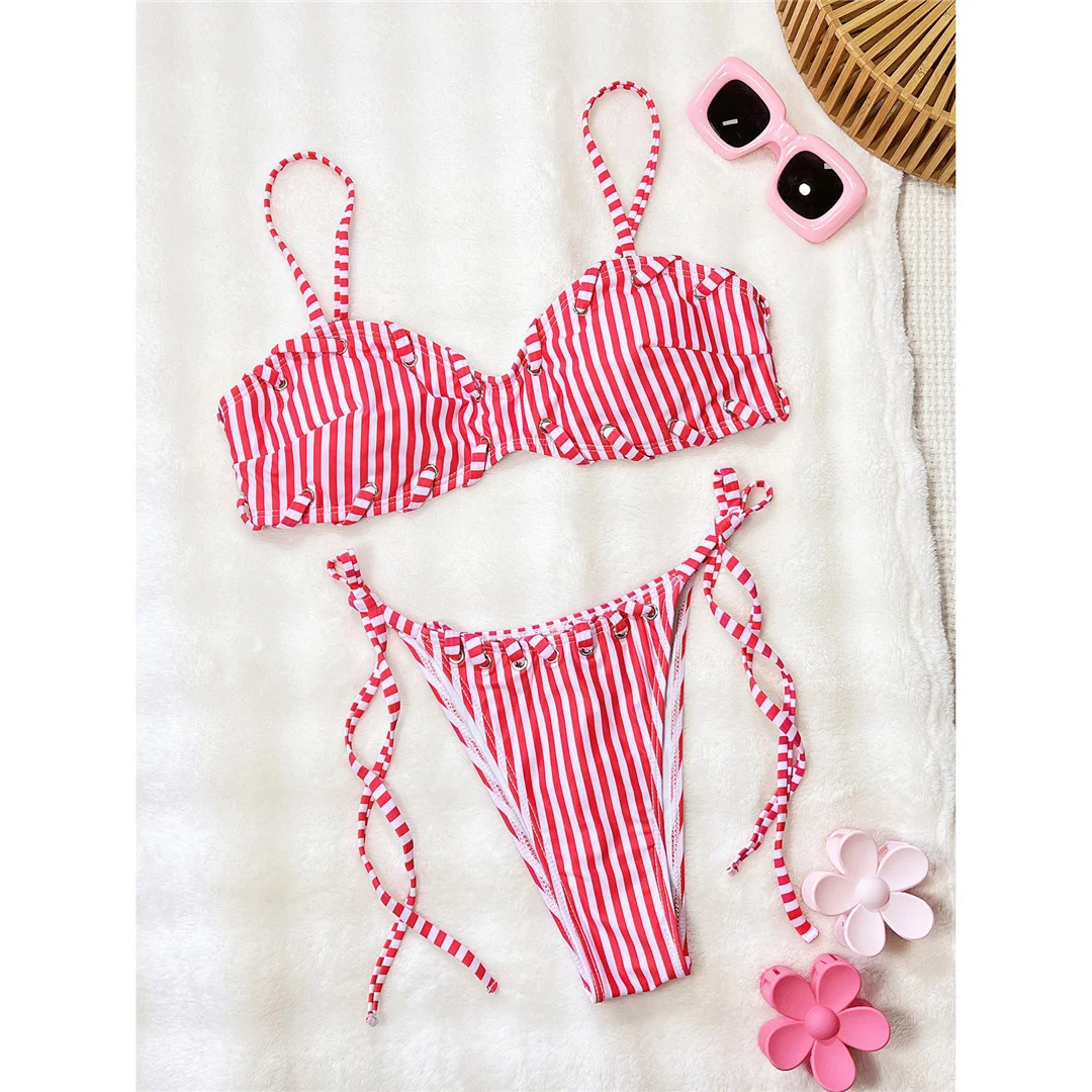 Gestreifter Bikini mit Trägern, Damen-Badebekleidung, zweiteiliges Bikini-Set, hoher Beinausschnitt, gepolsterter Badeanzug, Badebekleidung, Modell V8261. – Detail 4
