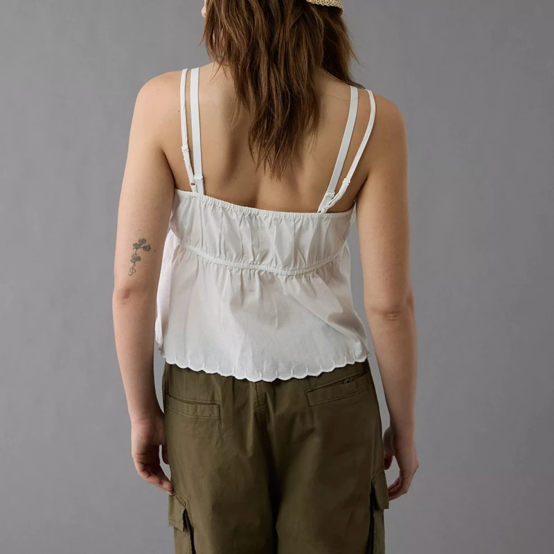 Camisolas elegantes con tirantes ajustables y cuello en V para mujer, chaleco Babydoll con dobladillo con volantes y bordado Floral atado con lazo frontal