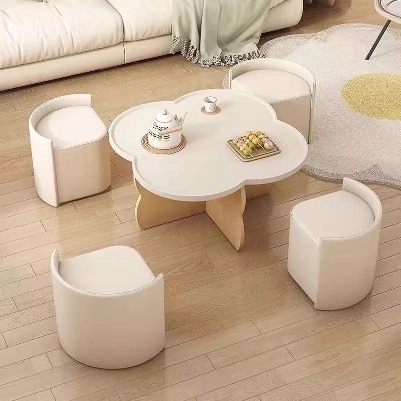 Charming floral-patterned TV cabinet and coffee table with nested stools, stylish and practical home furniture