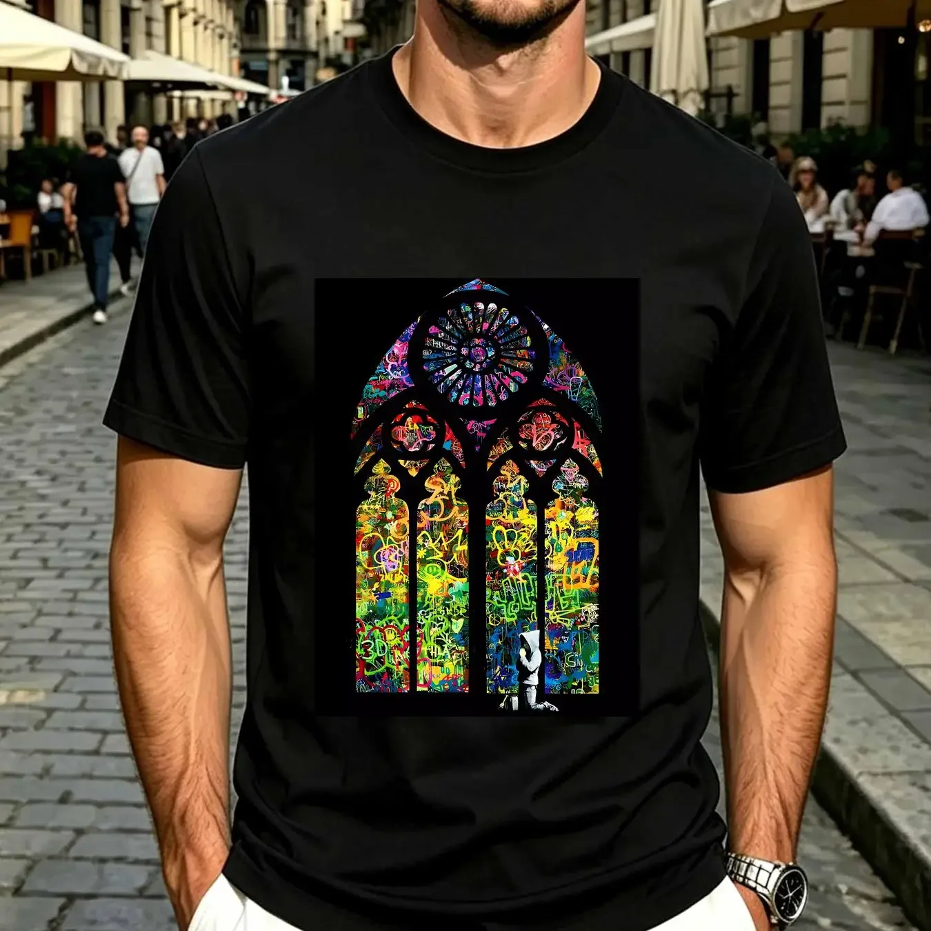 washed T Shirt Banksy Stained Glass Window Graffiti Vest 1761 long or short sleeves vintage Washed Slightly graphic Comfortable