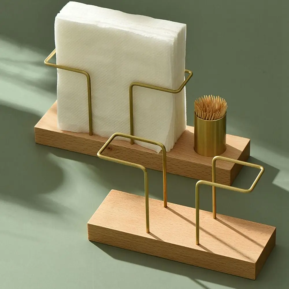 Vertical Tissue Dispenser with Toothpick Case, Metal Napkin Holder, Multi-use, Gold, Wooden, Home