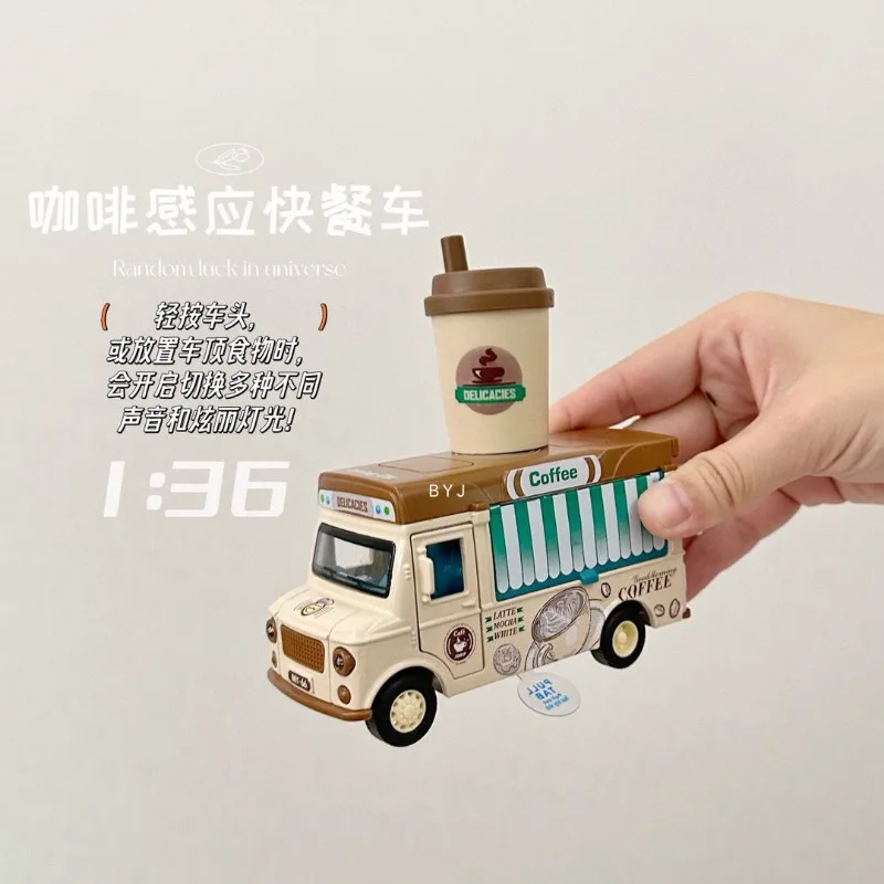 1/36 Magnetic Induction Fast Food Truck Alloy Diecast Car Model Toy with Sound Light Pull Back Collection Gifts for Boy Birthday