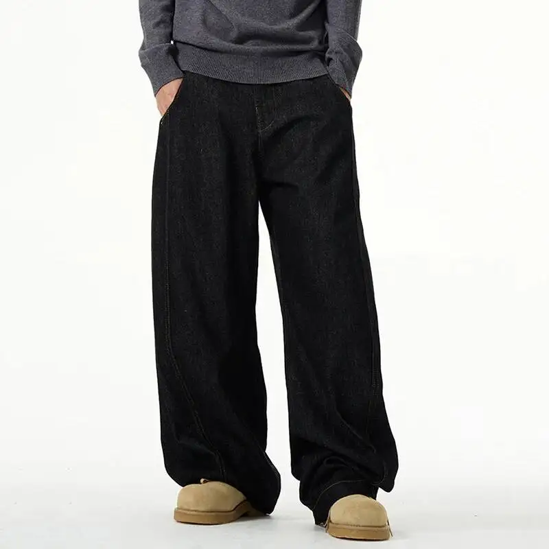 American Style Men's Jeans Straight Solid Color Machete Trendy Bottoms New Menswear Loose Wide Leg Male Denim Pants 9YERN