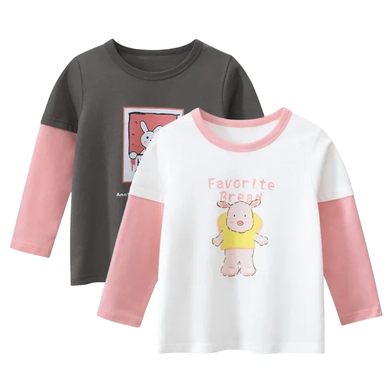 

2025 Children's Clothing Spring Autumn New Bottoming Shirt Cartoon Rabbit Fake Two Pieces Kids Long-sleeved T-shirt Girl Clothes