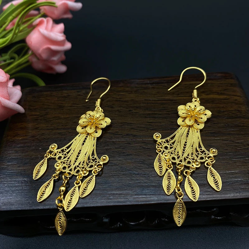 Ethnic Style Pure Handmade Silver Gold-plated Hollow Flower Long Tassel Women's Earrings Selected Vintage Jewelry Gift