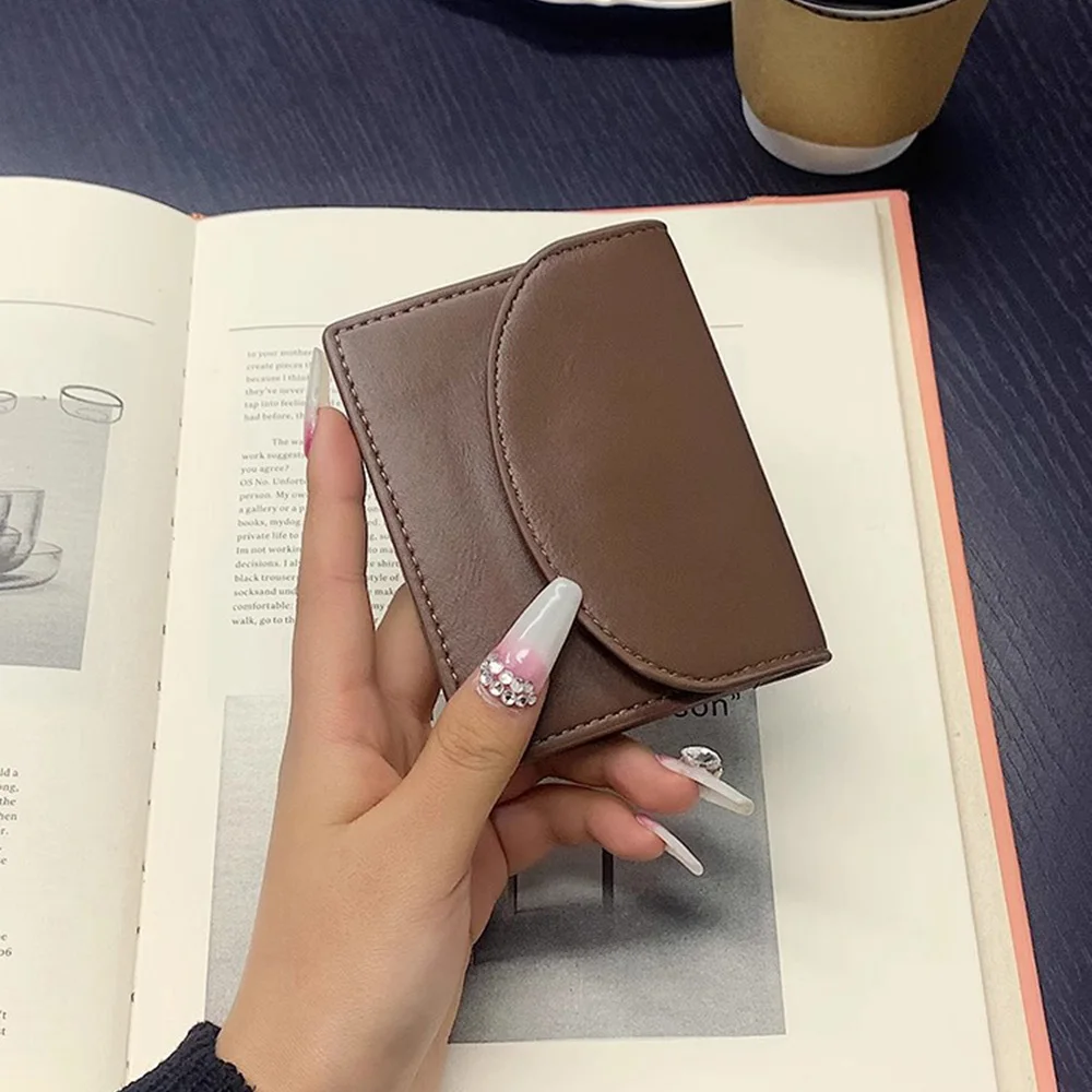 Card Holder PU Leather Female Purse Bifold Solid Color Short Money Clip Flap Coin Pouch Smooth Vintage Women Small Wallet