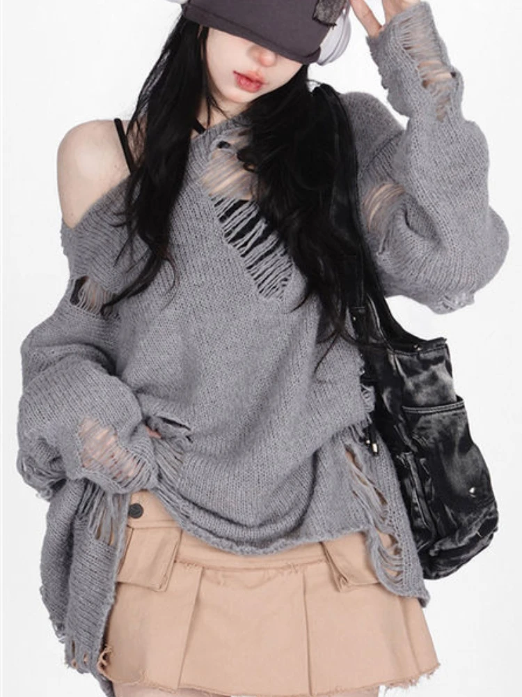 Deeptown Gothic Streetwear Gray Oversized Sweater Women Harajuku Vintage Knitted Jumper Hollow Out Long Sleeve Tops Y2K Clothes