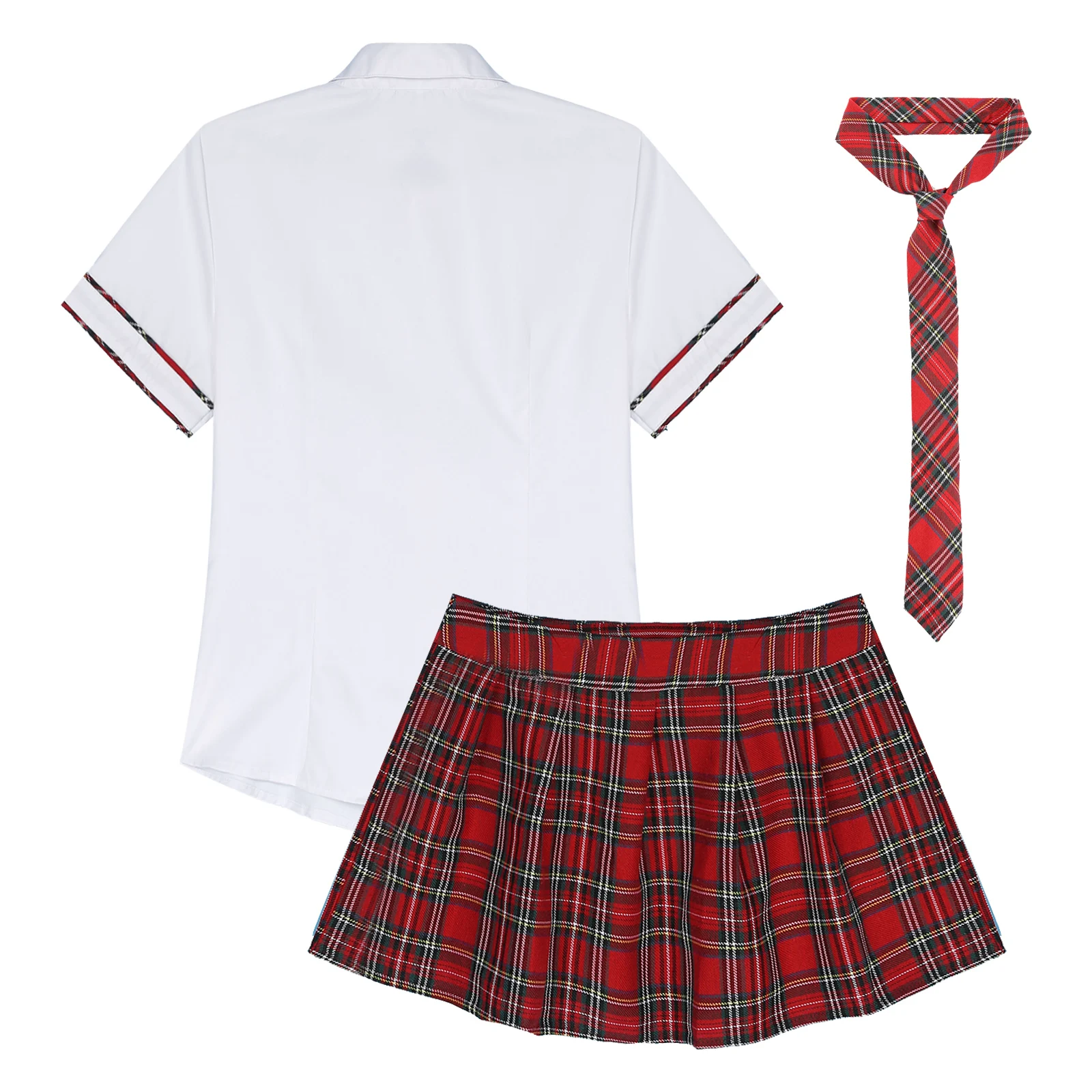 Womens Schoolgirl Cosplay Costume School Uniform Short Sleeve Shirt with Plaid Pleated Mini Skirt Tie Halloween Party Clubwear