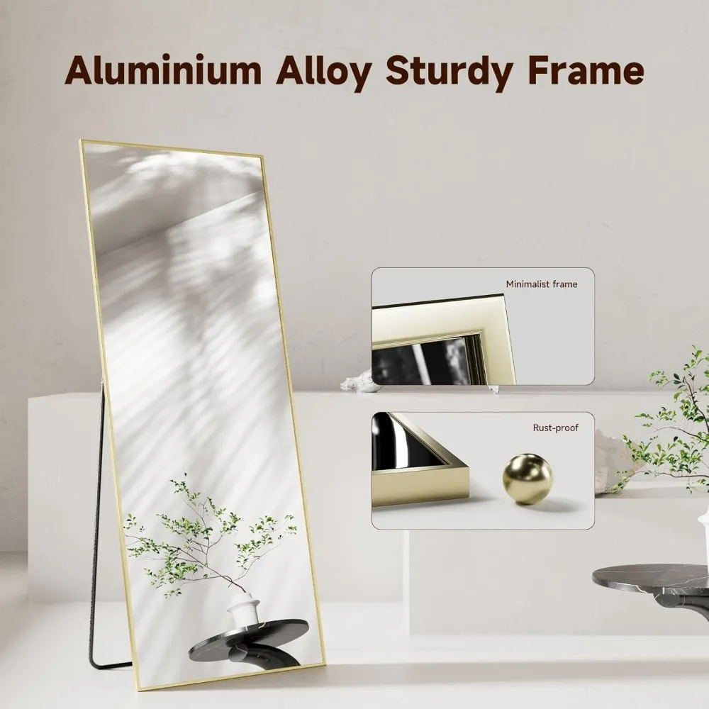 Espelho de chão retangular de vidro temperado dourado - Espelhos de estrutura de alumínio montados na parede de comprimento total 69x24 para quarto