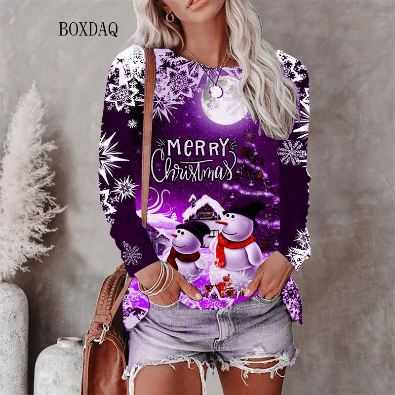 Christmas Style Women T-shirts Autumn Winter Long Sleeve 3D Christmas Snowman Print Street Hip Hop Ladies Tees 6XL Big Size Tops