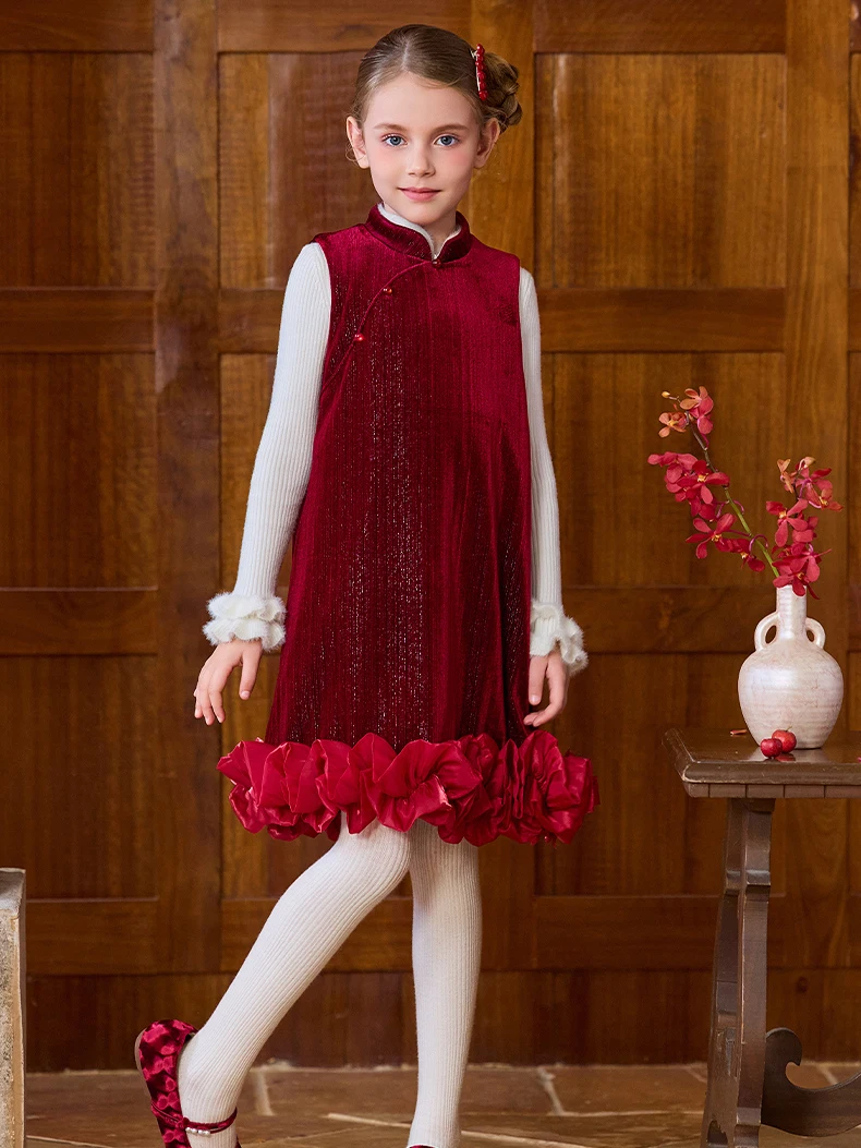 Girls Chinese Cheongsam Dress Sleeveless, Christmas Party Toddler Girl Wear Red Qipao with Lace Trim for Holiday Photos