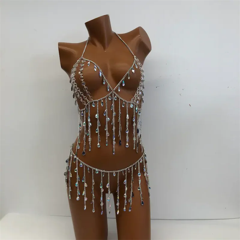 Damen Strass-Körperkette 2-teiliges Set Geometrischer Acryl-Kristall-Quasten-Neckholder-Bralette Sexy Rückenfreies Halloween-Top – Detail 1